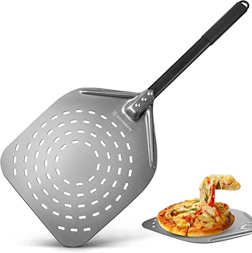SOUTHGATE Pizzaschieber Perforiert - 30 x 36 x 74 cm Perforierte Pizzaschaufel aus Hart Eloxiertes Aluminium zum Leichten Gleiten auf Pizzastein, Pizza Schieber mit Silikongriff, Geschenk für Männer