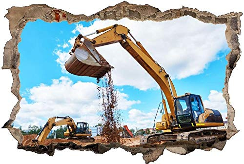 Wandaufkleber 3D Spiegel Ansicht Durchbrechen die Mauer Vinyl Wandsticker Bagger Baustelle Baumaschine Entfernbarer DIY Vinyl Wandtattoo für Wohnzimmer, Schlafzimmer,Kinderzimmer 53x80cm