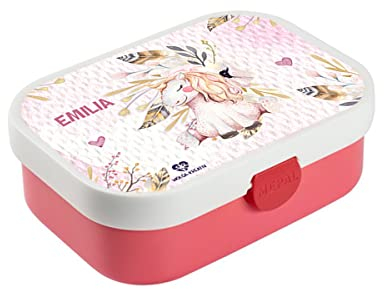 wolga-kreativ Personalisierte Mepal Campus Kinder Vesperdose für Mädchen Einhorn Federn Brotdose mit Fächern und Unterteilung, Butterbrotdose für Schule und Kindergarten, Geschenk zur Einschulung