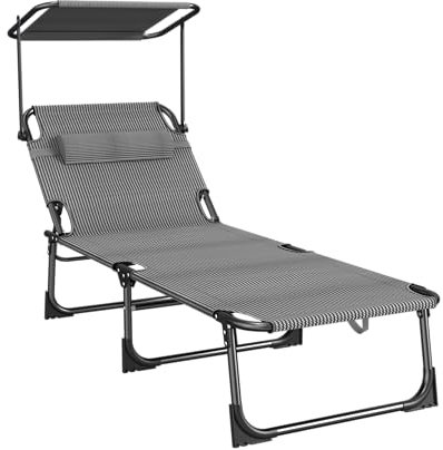 Soontrans Sonnenliege mit Dach, Gartenliege mit Kopfkissen & Tragegriffe & Seitentasche, Extra Breiter Liegefläche, Verstellbare Rückenlehne & Sonnenschutz, klappbar für Strand (Streifen)