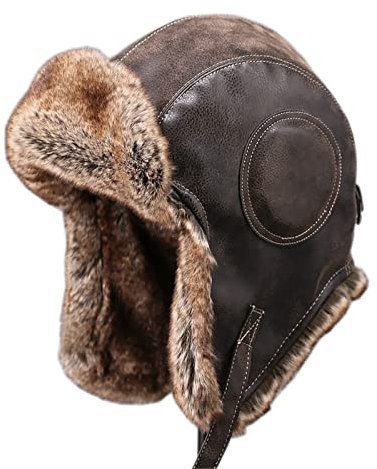 WHSPORT Unisex Wintermütze Leder Fliegermütze Trappermütze mit Kunstleder Fellmütze Herren Russenmütze (Color : Brown, Size : 59-61cm/23.22-24.01in)