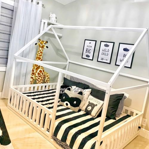 Sweet Home From Wood Hausbett Holzbett Tipi-Bett Montessori-Bett Montessori-Tipi-Bett Kinderbett Montessori Hausbett (200x140cm, White)
