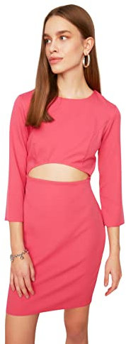 Trendyol Vestido Tejido Mini Ajustado con Cuello Redondo para Mujer, Fucsia, 38