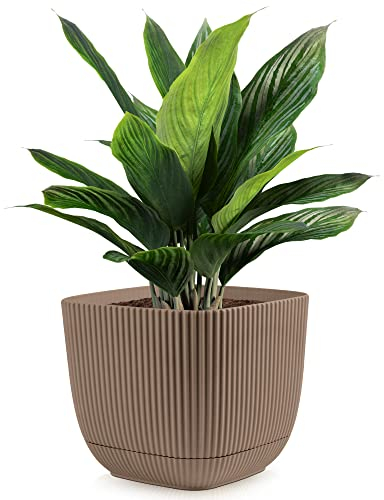 Konzept 11 - Blumentopf klein 4 l mit Unterzetzer, quadratischer Übertopf 19 x 19 cm, Pflanzentopf für Zimmerpflanzen aus Kunststoff, Braun