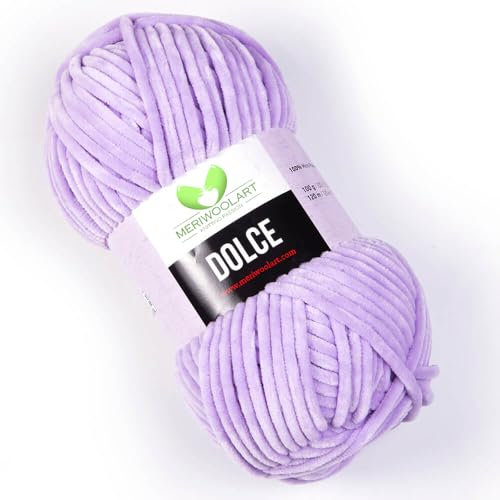 MeriWoolArt Chenille Garn zum Stricken und Häkeln Lavendel - 100 g und 120 m Samt-Wolle - 100% Flauschige Polyester Strickgarn für Amigurumi Kissen Decken weiche Kleidung Geschenke