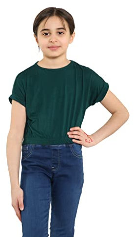 Girls Batwing Crop Top Shirt Roll Up Sleeves Bottle Green - 11-12 Years
