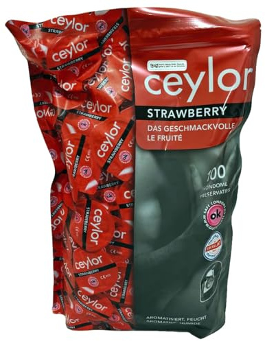 Ceylor Strawberry 100 Kondome mit Erdbeer-Gleitcreme, Großpackung, verpackt im hygienischenDösli, einfach zu öffnen, schnelleres Überziehen, Premium-Qualität aus der Schweiz