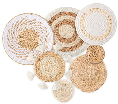 Boho-Wandkorbdekoration – Seegras-Rattan-Wanddekoration, rund, handgefertigt, zum Aufhängen, rustikal, flach, elegant, Wandkunst für Bauernhaus, Wohnzimmer, Schlafzimmer, Ausstellungstisch, Küche,