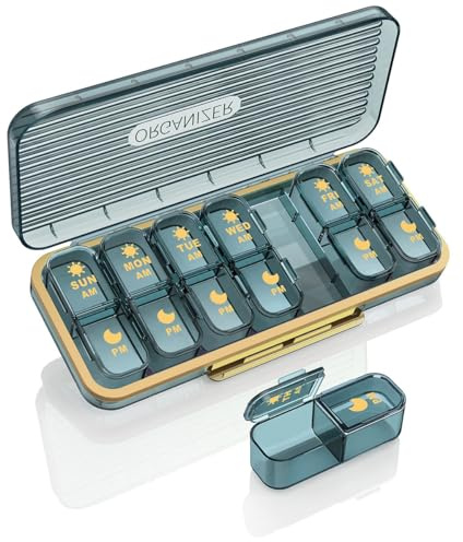 ROWNYEON Weekly Pill Box Organiser Pill Boxes 7 Day 2 Times a Day,Portable Daily Tablet Organiser Pill Dispenser with 14 Copartments to Hold Vitamins, Cod Liver Oil, Supplements and Medication, Blue