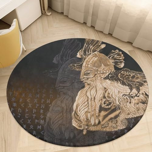 Wikinger Odin Rabe Rutschfester Rund Bereich Teppich, Baum des Lebens Retro Esszimmer Home Schlafzimmer Diele Teppich, Weich und Pflegeleicht Bauernhaus Bodenmatte ( Color : A17 , Size : 60*60cm )