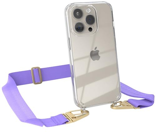 EAZY CASE - Hülle mit Band kompatibel mit iPhone 15 Pro Handyhülle mit Umhängeband Silikonhülle Transparent Schutzhülle Handykette zum Umhängen Handykordel Smartphone in Lavendel Lila - Clips Gold