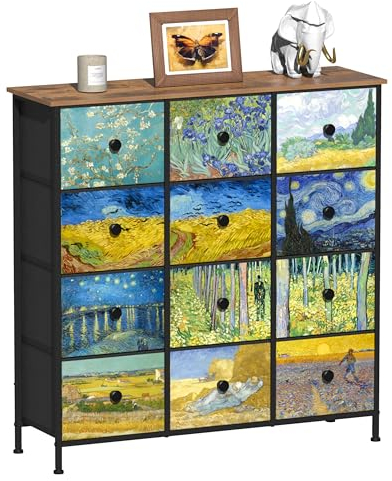 VEDECASA Kommode für Schlafzimme Schrank mit 12 Schubladen aus Stoff Van Gogh Aufbewahrungsturm für Schrank für Wohnzimmer Kinderzimmer Flur Büro Metallrahmen Holzplatte Stoffkommode