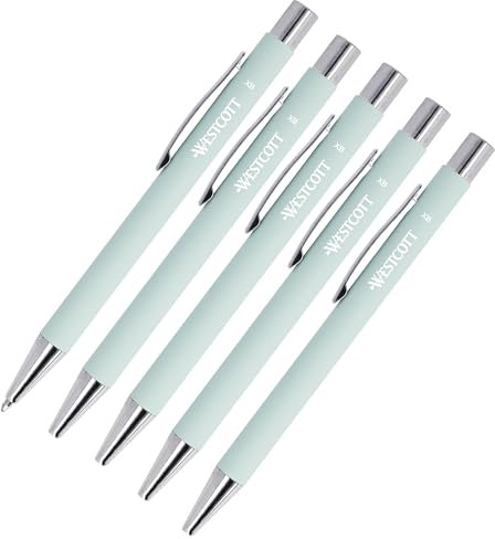 Westcott PRIMESOFT-XB Kugelschreiber 5 Stück | 5er Set Mintfarbene Premium Kugelschreiber aus Aluminium | Dokumentenecht mit blauer Tinte | Strichstärke XB 1,4 mm | E-745003 00
