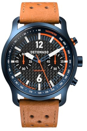 DeTomaso SORPASSO Chronograph Carbon Blue ORANGE Blau Orange Herren Armbanduhr Analog Quarz Leder Armband Braun