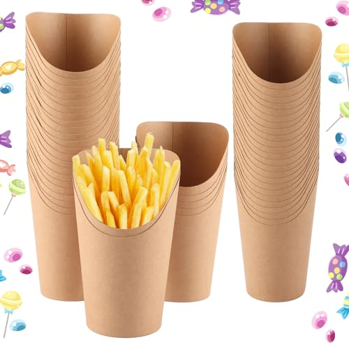 YAYODS Lot de 100 cornet frite - gobelets en papier kraft - 12 oz pour frites à emporter - Gobelets en carton pour gaufres, frites, pop-corn, crème glacée, brochettes de fruits, toutes les fêtes