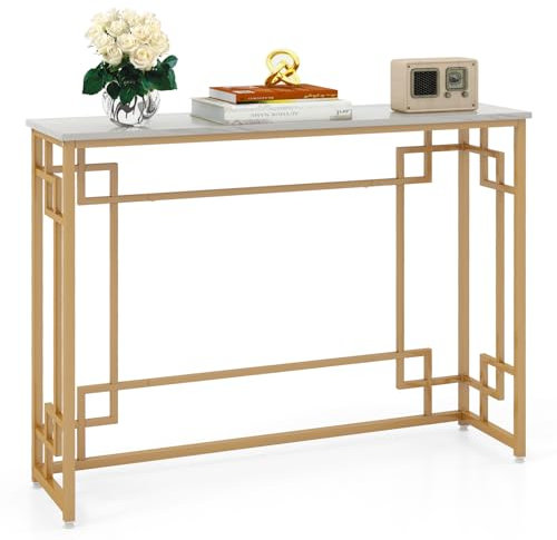 GIANTEX Table console étroite d'entrée, entrée moderne avec base dorée et plateau en marbre imitation avec dispositif anti-retournement pour salon, entrée, couloir