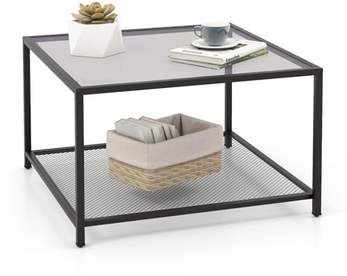 COSTWAY Mesa de Centro de Vidrio, Mesa Auxiliar Cuadrada de 2 Niveles con Estante de Malla, Mesa Central Minimalista con Estructura de Metal para Salón, Oficina, 70 x 70 x 45 cm (Gris Y Negro)