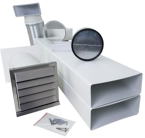 VentilationNord Mauerkasten Set mit Mauerkasten 125, Flachkanal-Set, Wetterschutz-Lüftungsgitter mit feststehenden Lamellen, Insektenschutz & Teleskoprohr | Mauerdurchführung Set