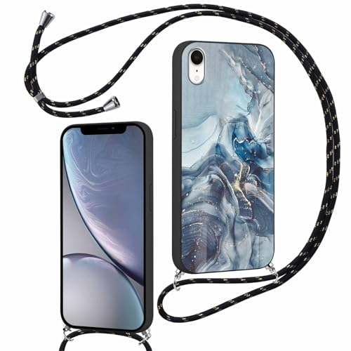ZhuoFan Handykette für iPhone XR Hülle mit Band, Aesthetic Marmor Muster Verstellbarer Halskette Handyhülle mit Kordel zum umhängen, Silikon Stoßfest Schutzhülle mit Kette, Schwarz