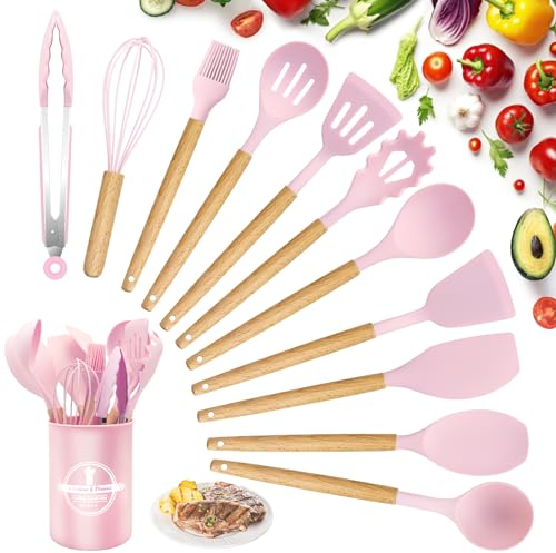 Silicone Kitchen Utensils, 22 Pieces, Set of Utensils Da Cucina per Pentole Antiaderenti, Heat and Non-Stick with Wooden Handle for Utensils BPA Free (Pink)