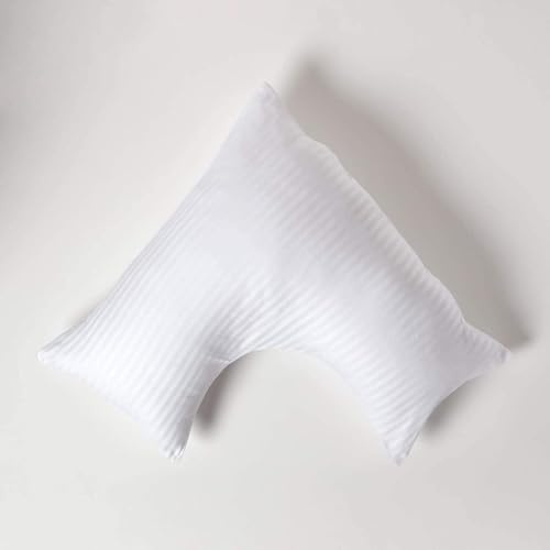 HOMESCAPES White Pure Egyptian Cotton V-Shape Pillowcase 330 TC 500 Thread Count Percale Equivalent Satin Stripe Pillow Case For Nursing Pregnancy and Elderly Pack of 2