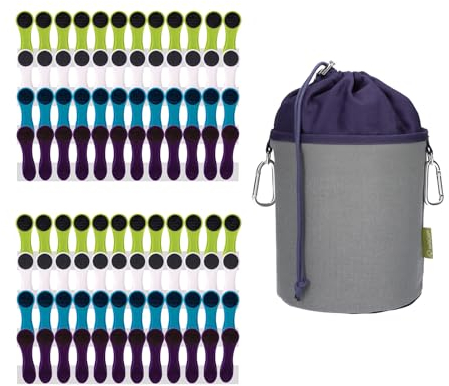 96 Wäscheklammern mit Spiralfedern Softgrip Blau Grün Weiß Lila Anthrazit und 1 bellaCott Wäscheklammerbeutel aus Canvas Grau
