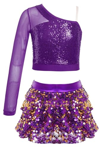 Miaeowve Kids Girls Jazz Dance Costume Shiny Sequin Dress | 2 Piece Dance Outfit, One Shoulder Crop Top, Metallic Skirt Ballet Latin Dance Dress, Performance Training Dancewear