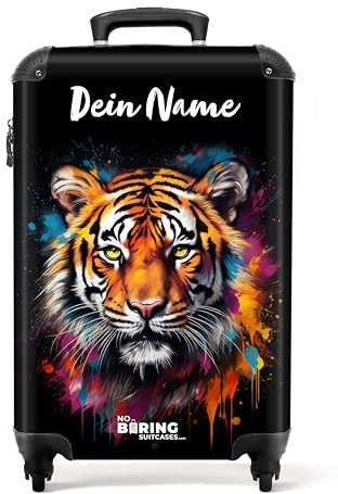 NoBoringSuitcases.com Handgepäck Koffer, Koffer Personalisiert, Reisekoffer, Reisetasche mit Rollen, Handgepäckkoffer, TSA Schloss, Trolley Handgepäck, Trolley 55x40x20 cm (Tiger - Orange)