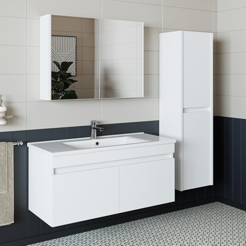 ROOMART • Badmöbel Set • Atria • 65 cm, 85 cm, 100 cm • Weiß • Waschbecken mit Unterschrank • Spiegelschrank • Hochschrank (Komplettset, 100 cm)