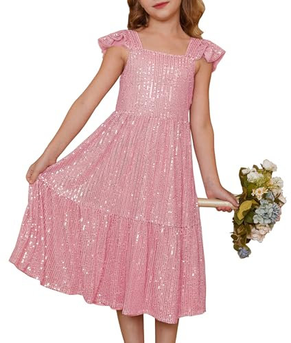 GRACE KARIN Glitzerkleid für Mädchen Glitzerndes A Linien Festival Party Prinzessinnenkleid mit Flügelärmeln Pailletten Rosa 6-7 Jahre