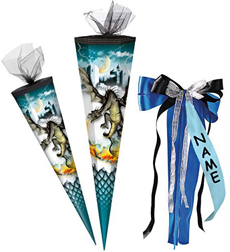 alles-meine.de GmbH Schultüte - mit 3D Glitzer - Effekt ! - Drache & Ritterburg - Feuerdrache - 50-85 cm - Größe wählbar - rund - incl. individueller - großer Schleife - mit NA..