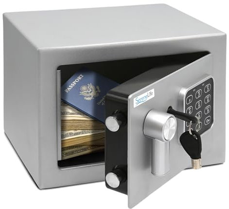 SereneLife Coffre-Fort Numérique en Acier – 23x17x17 cm, Sécurité Électronique + Clé, Rangement pour Argent, Armes, Bijoux, Passeports – Pour Maison, Hôtels, Placards, Bureau – Gris