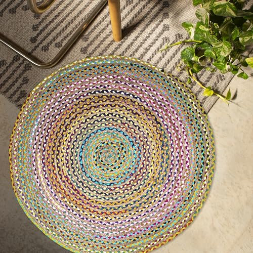 Craft Trade Bunt Waschbarer Boho Jute Teppich Reversibel Geflochten Handgewebt Rund Flickenteppich für Küche Wohnzimmer und Schlafzimmer- 120 cm