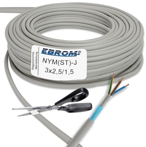 50 Meter – EBROM - NYM(ST)-J 3x2,5 mm² Abgeschirmte Mantelleitung, grau, Installationskabel, geschirmtes Kabel, Stromleitung für Krankenhäuser, Computerräume, wie NYM-J geschirmt (N)YM(ST)-J3X2,5/1,5