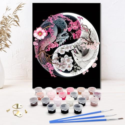 VOSSOT Peinture par numéros pour adultes, dragons Yin Yang, débutants peints à la main, kits de peinture pour adultes, peinture par numéros, peinture par numéros, oiseaux, animaux, kit de bricolage 40