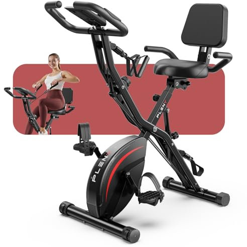 Pleny Folding Exercise Bike, 5 IN 1 Stationary Bikes for Home 6.6 LBS Flywheel, 330LB Weight Capacity Back Support Cushion Indoor Workout Cycling Bike for Home Gym, Black-red