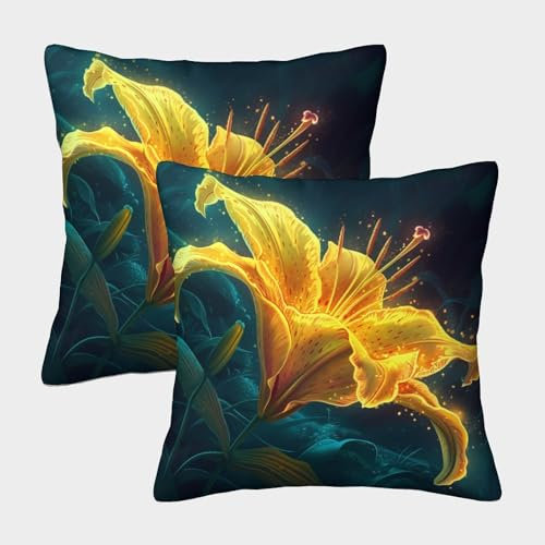 kaiyun Yellow Lilie-Kissenbezug,Biolumineszenz-Muster-Kissenbezug,geeignet Für Außenbalkon,Terrasse,Terrasse,Garten,Bauernhaus-Dekoration,40x40cm 2er-Pack