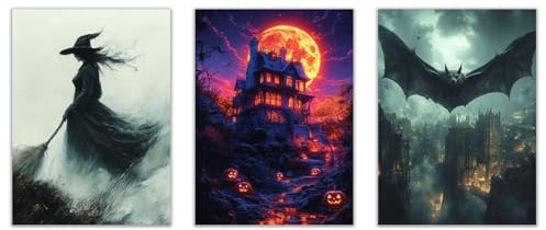 JOSUE 3er Set Gold, schwarz Halloween GemäLde Painting Bilder Leinwand, Kürbis Tier Hexe Halloween Decorations Bild Kunstdrucke Wohnzimmer Deko Xxl-50x70cmx3 Ungerahmt