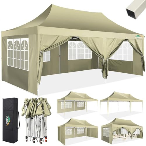 COBIZI Pavillon 3x6m, Faltpavillon 3x6 Wasserdicht Stabil mit 6 Seitenteilen Partyzelt Pop Up Camping Pavillon Gartenzelt Gartenpavillon für Garten Party Festival Hochzeit UV-Schutz（3 mal 6m Khaki）