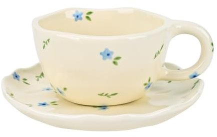 Koythin Keramik-Kaffeetasse mit Untertassen, handgefertigte Blumen-Tassen, niedliche Tasse für Mädchen und Frauen, ästhetischer Tee-Milchbecher mit Griff, 250 ml, für Latte, Kakao, Büro, Zuhause