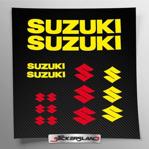 Aufkleber-Set kompatibel mit Tank und Motorradhelm, vorgeschnitten, einfache Anbringung, Schriftzug Logos, Stickersland® – Suzuk (Glänzend Gelb)