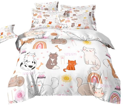 Cartoon Katze Bettwäsche 155x220cm, Faules und Süßes Katzenmuster Bettwäsche Set, Geeignet für Die Raumdekoration von Jungen und Mädchen, Mikrofaser Bettbezug mit 2 Kissenbezügen, Weich und Bequem
