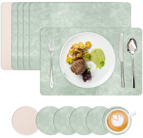 Homwiz Tischset Abwaschbar 6er Set, Doppelseitigen Tischsets Platzsets Abwaschbar, Platzdeckchen mit Untersetzer, Tischset Leder Optik, Platzset Leder Optik, Tischuntersetzer (Grün+Beige)