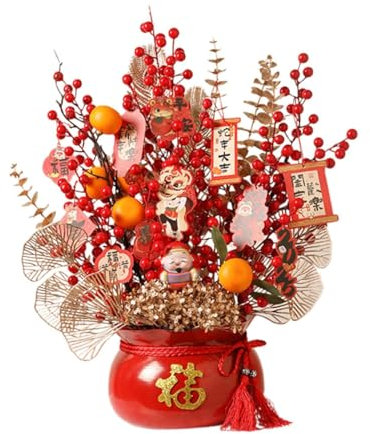 Sharplace 2025 Festival de Primavera Florero Artificial Bonsai 50x60cm Maceta de Metal para Dormitorio, Olla Roja