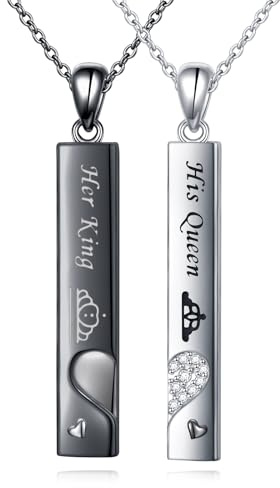 HOOHWE Paar Halsketten für sie ihn 925 Sterling Silber Bar passende Halskette für Paare Valentinstag Geschenke graviert ihr König seine Königin romantisches Schmuckgeschenk