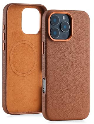 Seagtigau Genuine Leather Case for iPhone 16 Pro (6.3 inch), Stylish Litchi Leather case with Soft Fiber Lining, Lip Screen Protection, Compatible with MagSafe Brown