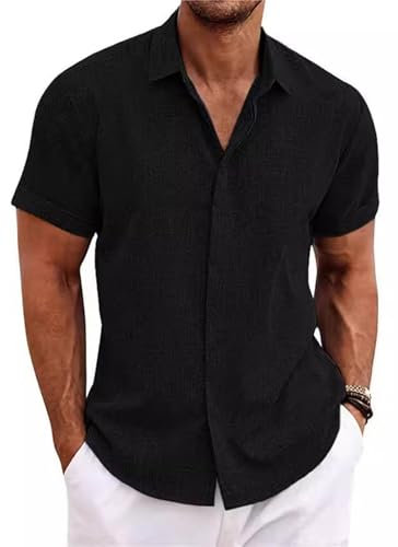 PADOLA Chemise Lin Homme Manches Courtes Boutonnée Chemisette Homme Chemises d'été Unie Chemise de Plage en Coton Coupe Régulière Tee Shirt Décontracté Chemiser (3 Noir, S)