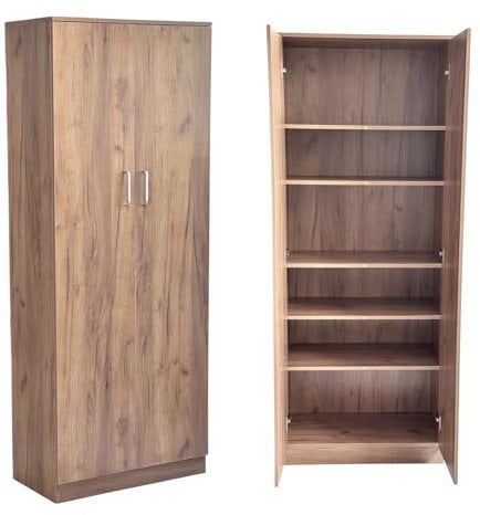 eacommerce - Armadio Multiuso con 2 Ante | 5 Ripiani | Stile Moderno in Legno Melaminico | Chiusura Rallentata, Maniglie Cromo Satinate | Per Ingresso Garage Ripostiglio - Colore Rovere Nodato