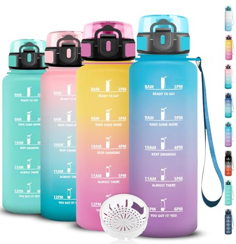 Botella Agua, Botella 1.5 Litros con Filtro, Cantimplora con Marca de Tiempo, a Prueba de Fugas, Fácil de Transportar, Cantimplora Infantil para la Deporte, Oficina, Camping, Camping, Senderismo
