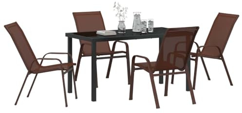 vidaXL 5 Piece Garden Dining Set Textilene Brown Steel Garden Table Black 140 x 80 x 73 cm Tempered Glass